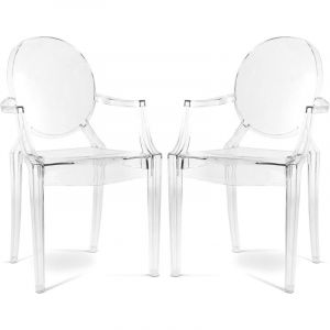 Privatefloor Lot de 2 chaises de salle à manger transparentes - Design avec accoudoirs - Louis xiv Transparent