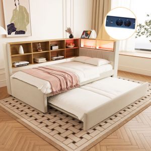 Lit gigogne 90x200cm, led Multicolore, USB/Tape-C, Convient aux enfants adultes, sans matelas, mdf, beige
