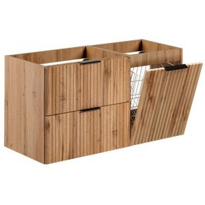 Furnidea - Meuble suspendu sous vasque avec panier &agrave; linge ADEL CH&Ecirc;NE 100 cm - 2 tiroirs - Fa&ccedil;ades rainur&eacute;es