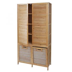 Mendler Armoire de salle de bain en bambou HWC-N83, &eacute;tag&egrave;re, armoire de rangement, 2 paniers&agrave;linge