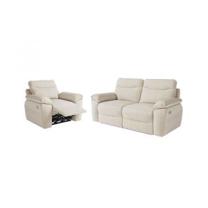 Loungitude PACK - Canap&eacute; de relaxation ROSS &eacute;lectrique 3 places et fauteuil en tissu textur&eacute; 3D - Beige