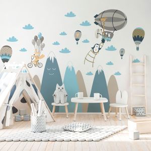 Ambiance-sticker - Stickers enfant montagnes scandinaves animaux en voyage 80 x 120 cm