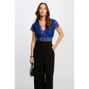 Morgan T-shirt à dentelle col en V bleu electrique femme - Taille L