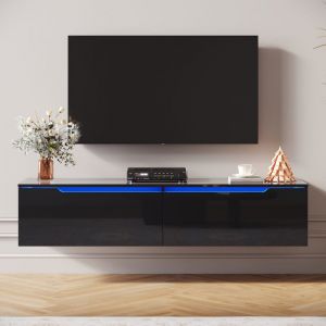 Meuble Tv Bas Avec Rangement, Tv Bas Noir Avec &Eacute;clairage Led Et 2 Portes 140x35x30cm Meuble De Bas De Long