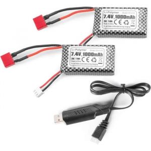 Lot de 2 Batteries Lipo 7,4V 1000mAh T Plug pour RC 18859, 18858, Q902, 35-DJ03 avec Chargeur USB, Argent