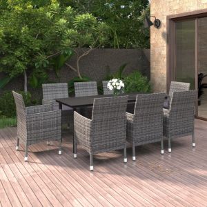 VidaXL Ensemble &agrave; d&icirc;ner de jardin coussins 9 pcs R&eacute;sine tress&eacute;e Verre Gris
