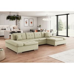 Meublesline Canapé d'angle panoramique convertible 6 places en tissu beige