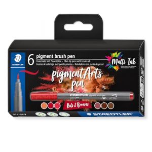 Staedtler PIGMENT ART - Brush 371 - Etui carton 6 feutres - Pointe pinceau Rouges & Bruns - Assortis - 371 C6-7