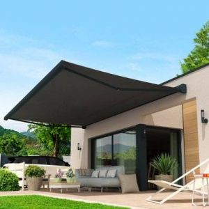 Intersun Store banne coffre LEBRON 4,00x3,50 M (Motoris&eacute; Secours &agrave; T&eacute;l&eacute;commande + LED - Gris Anthracite - Micro perfor&eacute;e Gris P128)