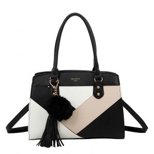 Sac &agrave; Main pour Femme Cl&eacute;o Effet Grain&eacute; avec Pompon D&eacute;coratif et Bandouli&egrave;re Gallantry Blanc / Noir
