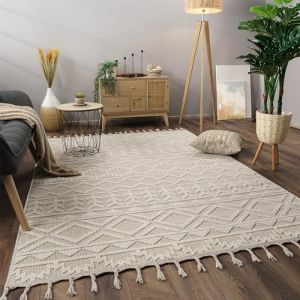 Paco Home - Tapis Salon Chambre Adulte Poils Ras Motif Boho Motif Scandinave Franges 80x150 cm, Cr&egrave;me 2