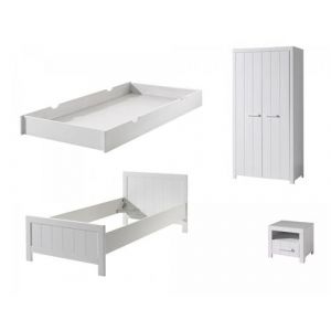 Chambre enfant 4 pièces lit gigogne chevet et armoire 2 portes pin massif laqué blanc Erik 90x200 cm