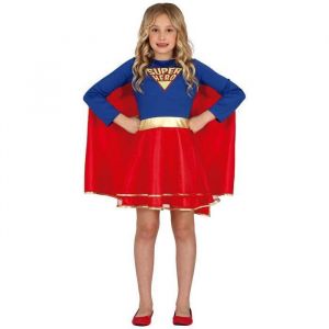 FIESTAS GUIRCA Costumes de Super Héroïne pour Fille - Tenue de Super fille avec Robe et Cape Bleue et Rouge pour Filles de 7-9 Ans