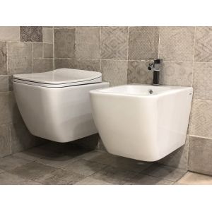 Couple De Sanitaires Suspendu Rimless Sans Bride, Ligne Carr&eacute; Avec Abattant Soft-close Inclus