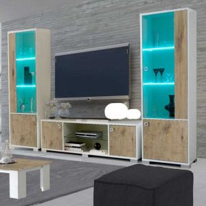 Composition tv 4 portes Laqué Blanc Brillant/Bois à led - avellino - l 380 x l 50 x h 190 cm