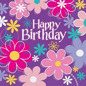 16 Serviettes en papier Happy Birthday fleurs (33 x 33 cm)