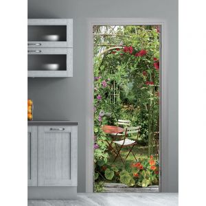 Plage Sticker porte, trompe l'oeil arche fleuri de capucine, rose trémière, jardin, 204 cm X 60 cm