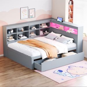 Lit 140x200cm - lit double avec tiroirs extra larges, sommier à lattes et tête de lit led rangement avec prise usb - bois gris