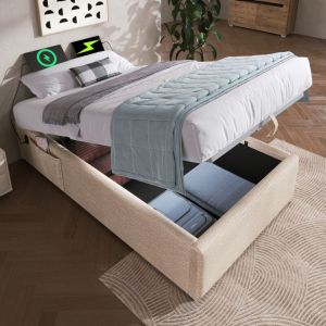 Lit coffre rembourr&eacute; 90&times;200cm - tissu en lin - avec prises de recharge et sommier &agrave; lattes - Beige