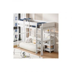 Lit mezzanine 90x200 cm, lit simple avec étagère de rangement, barrière, cadre en pin massif, sans matelas, blanc