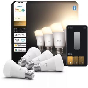 Philips Hue Ampoule LED connect&eacute;e A60, Lumi&egrave;re blanche chaude 2700 K, Culot E27, 9,5 W, 810 lumens, Intensit&eacute; variable, Compatible avec Alexa, Google Assistant et Apple Home, pack de 4