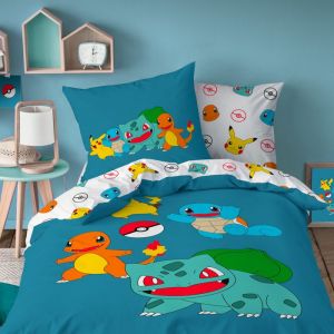 Parure de lit enfant 100% Coton - POK&Eacute;MON POWER - Bleu - 140x200+63x63cm