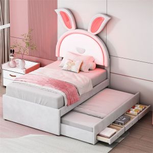 Lit gigogne 90x200+90x190cm, lit enfant capitonné en tissu velours, avec tiroir de rangement, tête de lit LED avec oreilles de lapin, beige