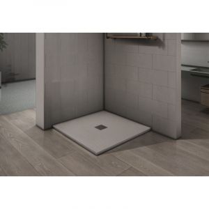 Grand Verre - Receveur de douche noir surface ardois&eacute;e antid&eacute;rapante avec bonde et grille en inox 80x80