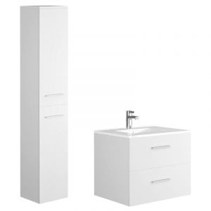 Vente-unique - Meuble de salle de bain suspendu simple vasque avec colonne de rangement - Coloris blanc - 60 cm - kayla