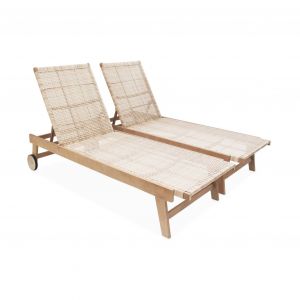 Lot de 2 transats en bois et résine esprit cannage dossier inclinable