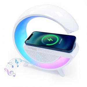 Technaxx Enceinte veilleuse LED sans Fil avec Chargement sans Fil 10 W et 6 Modes d'éclairage RVB, Enceinte Bluetooth en Forme de G, veilleuse d'ambiance, Chargeur de téléphone sans Fil TX-264