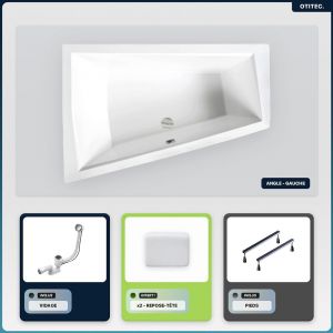 Baignoire asym&eacute;trique - 170 x 125 cm - Gauche - sans Habillage - avec Pieds - 2 Repose-t&ecirc;tes - Vidage Chrome - INTIMA SLIM