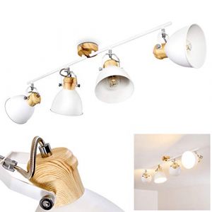 Hofstein Plafonnier Banjul en métal blanc et aspect bois, 4 spots de plafond rétros orientables, pour 4 ampoules E27 max 40 Watt, compatibles ampoules LED