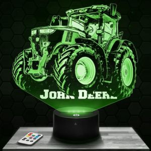Lampe 3D - Tracteur John Deere - Plaque de plexiglass gravée au laser sur socle LED tactile - Veilleuse 3D effet hologramme