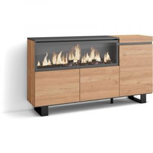 Skraut Home - Buffet salon et cuisine, Meuble de Rangement, Commode, 160, 3 Portes, Chemin&eacute;e &eacute;lectrique XXL, Design industriel, Style moderne, Ch&ecirc;ne