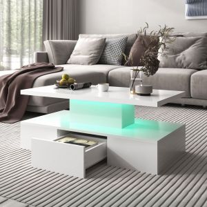 Table basse avec tiroir et led - finition brillante - Blanc