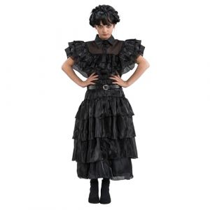 Chaks Robe de bal pour le mercredi, costume pour enfants, robe et ceinture noires, tenue pour Halloween et carnaval