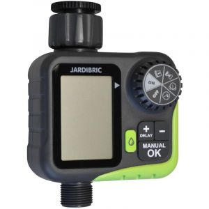 Jardibric Programmateur digital avec débitmètre – 1320 L/h – Pression 0,5 à 8 Bar – Durée 1 min à 4 h – Suivi précis
