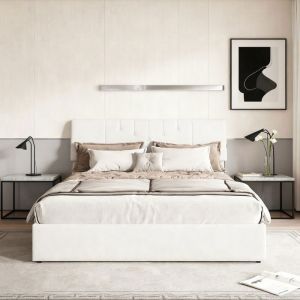 Lit 140x190 cm avec sommier &agrave; lattes, lit adulte avec USB et Type C, cadre de lit coffre, tissu en teddy velours, blanc