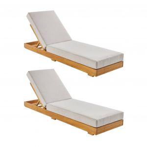 Lot de 2 bains de soleil beige DORINA en acacia et polyester 3 positions housse d&eacute;houssable 198 x 62 x 12 cm