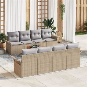 Ensemble de canap&eacute; de jardin 9 pi&egrave;ces avec coussins Beige Poly Rattan Acacia