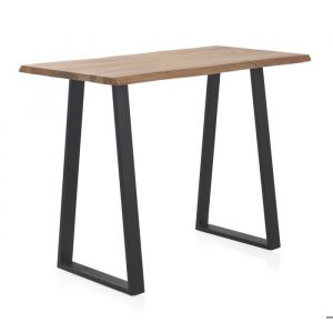 Table de bar haute 130x70 en acacia massif avec pieds en métal noir