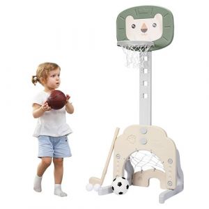 Support de basket giantex beige et vert 54cm x 51cm x 149cm multifonctionnel inclus jeu de basketball,football,golf