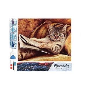 Figured’Art Diamond Painting Broderie Diamant 40x50cm Toile Entière Roulée avec Strass Perles Carrés - Le Chat connaisseur - Kit Complet Animaux 5D DIY Activité Manuelle Loisirs Créatifs Adultes