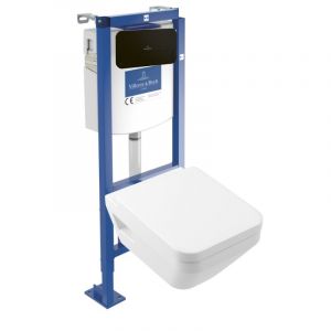 Villeroy & Boch Pack WC suspendu sans bride Architectura Twistflush [e³] rond + bâti-support sol et mur + plaque noir