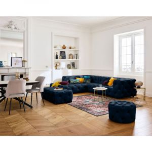 Gallata - canapé Chesterfield d'angle gauche - 5 places - en velours - Bleu