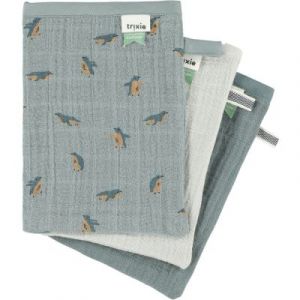 Trixie Lot de 3 gants de toilette en mousseline Peppy Penguins