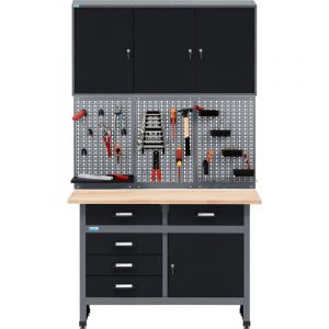 Kupper Kit &eacute;conomique Werkstatt 70424-9, largeur 120 cm, &eacute;tabli, armoire suspendue, panneau perfor&eacute; avec 12 crochets standard