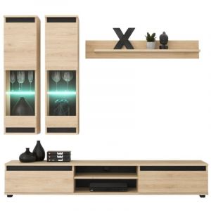 Composition murale DOMO &ndash; Meuble TV, 2 vitrines suspendues et &eacute;tag&egrave;re murale &ndash; Ch&ecirc;ne clair et noir