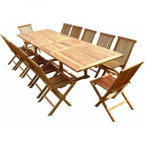 C&L Jardin Ensemble salon de jardin en teck aspect huil&eacute; KALOA 12 chaises JUMAK